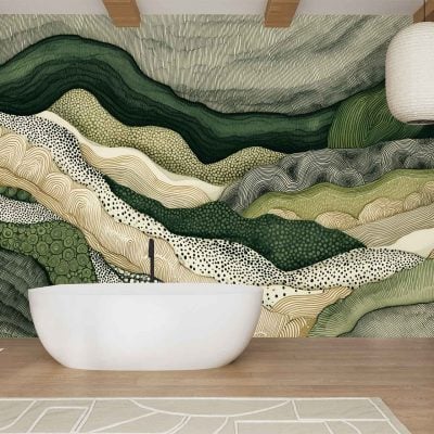 Abstract wall mural wallpaper featuring wavy, organic patterns in green, cream, and beige tones. The design evokes the contours of a resting mountain with fluid lines and natural shapes.