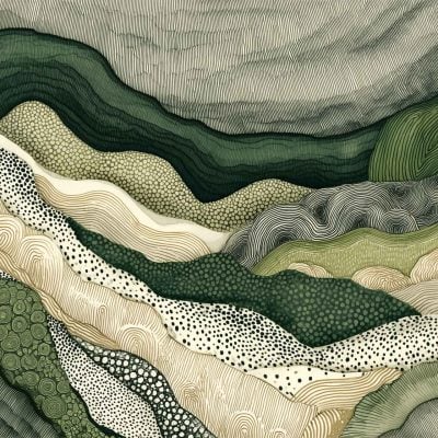 Abstract illustration of Resting Mountain wallpaper showcases layered hills and valleys in varying shades of green and beige. The design features textured patterns including dots, delicate lines, and scattered circles, enhancing the depth and natural landscape feel. Key elements include soft earthy tones, organic forms, and intricate abstract detailing that evoke a tranquil mountainous scene.
