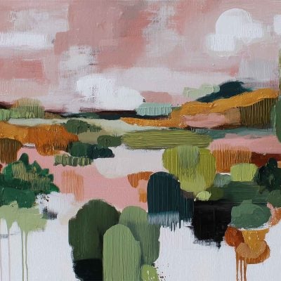 Abstract landscape wallpaper featuring a resting mountain with textured, broad vertical brushstrokes. The scene displays green, orange, and brown trees and bushes along a reflective water surface. Above, a pink sky with white clouds adds contrast. Colors: green, orange, brown, pink, white. Elements: mountain, trees, bushes, reflection in water, abstract texture.