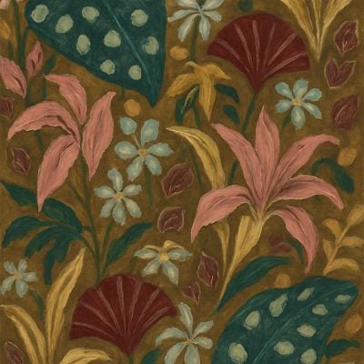 Wallpaper featuring large green leaves with white spots, pink lilies, white and burgundy flowers, and yellow foliage on a brown background. Hand-painted, textured style.