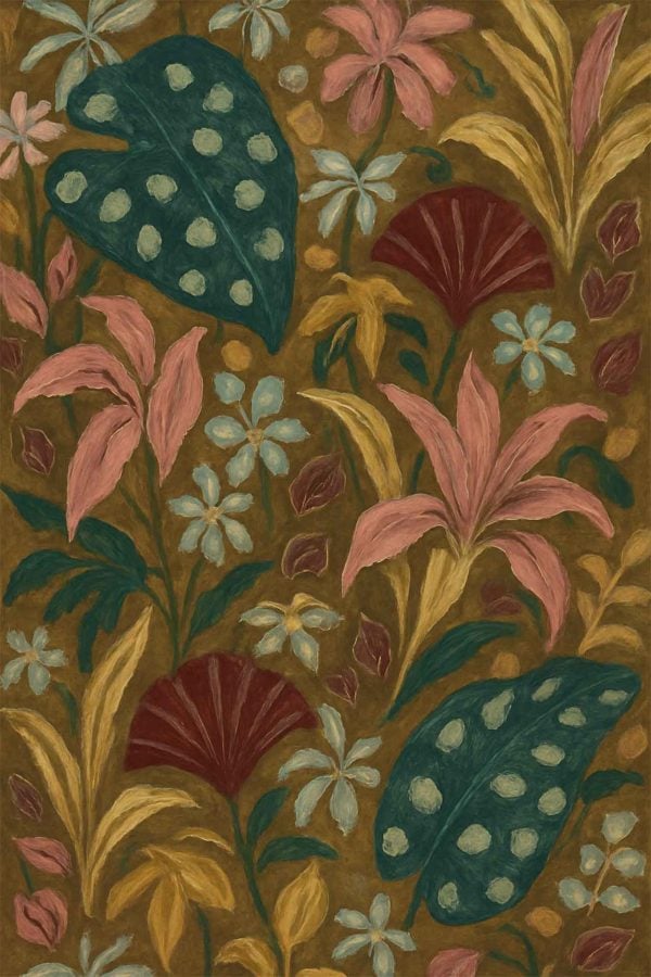 Wallpaper featuring large green leaves with white spots, pink lilies, white and burgundy flowers, and yellow foliage on a brown background. Hand-painted, textured style.