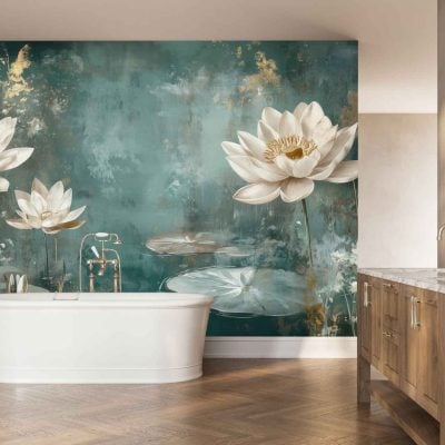 The wallpaper features a striking mural of oversized white lotus flowers with soft, detailed petals and golden-yellow centers. These floral motifs are set against a rich teal background, creating a calming and serene atmosphere. Hints of green from the lotus leaves and subtle shadowing further add depth and tranquility to the botanical design.