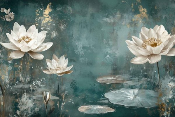 Wallpaper features: white lotus flowers, green lily pads, teal-hued pond, golden accents; abstract, textured background; nature-inspired, tranquil aquatic scene. Colors: teal, white, gold, green.