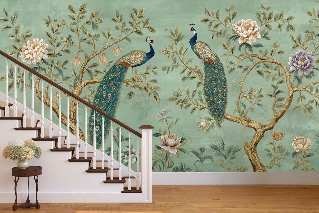 Wallpaper features two vibrant peacocks perched on flowering branches. Background is light green with large floral and leafy motifs in shades of pink, red, white, and green. The design highlights colorful feathers and detailed botanical elements for a lush, nature-inspired look.