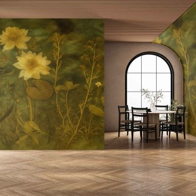 Wallpaper features a mural of yellow water lilies and lush green plants, with organic shapes and botanical elements. Dominant colors include vibrant yellow, multiple shades of green, and naturalistic tones evoking a lively, nature-inspired atmosphere.