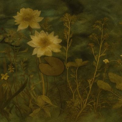Dark, muted wallpaper featuring water lilies, wild plants, and delicate yellow flowers; greenish, textured background; tranquil natural scene; dominant colors: deep greens, soft yellows, subtle browns.