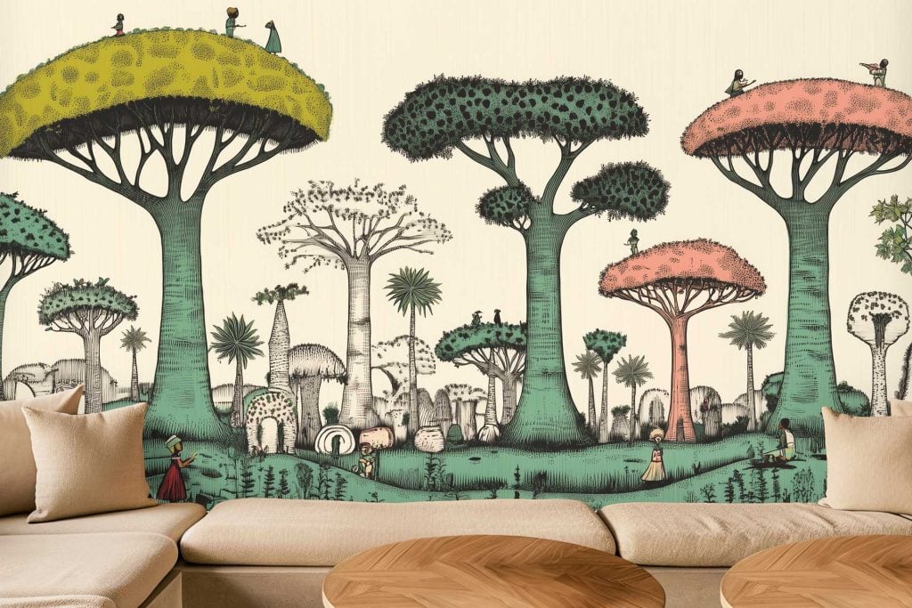 Whimsical mural wallpaper features giant, vibrant fantasy trees in bold hues of teal, magenta, lime green, and mustard yellow. Tiny people in playful poses explore winding tree roots and oversized leaves. Soft pastel skies with hints of peach and lavender provide a dreamy backdrop. The design is imaginative and lively, with intricate details on trunks and foliage for an enchanting modern look.