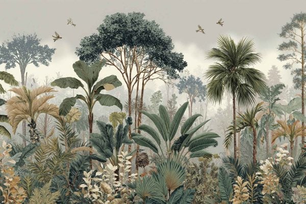 Lush tropical jungle wallpaper featuring tall trees, oversized green leaves, dense foliage, and layered greenery. Vibrant birds fly through soft "Maestros Clouds" in a misty sky. Colors include deep rainforest greens, emerald, lime, and pops of bright bird tones set against muted cloud grays and misty whites. Serene rainforest vibe with rich natural details—perfect for jungle-themed decor searches.