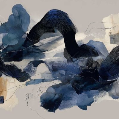 Abstract wallpaper featuring sweeping black and dark blue lines, soft beige and gray cloud-like forms, and fluid shapes blending seamlessly on a light background. The design creates a dynamic sense of motion and depth, evoking energy 