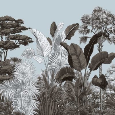 Grayscale wallpaper features dense tropical jungle with tall trees, oversized banana leaves, lush foliage, and various tropical plants. Elements are rendered in shades of gray and black; background is a soft pale blue sky. Wallpaper highlights wild natural beauty through bold plant silhouettes and intricate leaf details contrasting against the light sky.