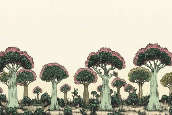 Wallpaper illustration features a landscape of Big Little Trees with vibrant green trunks and canopies in soft pink or sunny yellow, interspersed with low bushes and leafy plants. The background is plain and light, creating a clean and minimal backdrop that makes the colorful trees—green trunks, pink tops, yellow tops—stand out among scattered greenery.