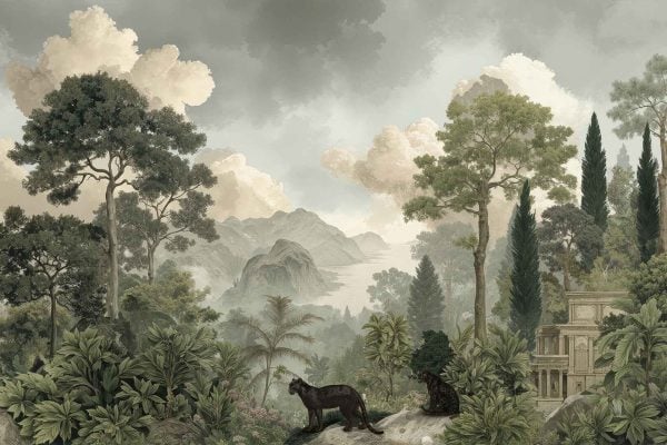 Lush tropical wallpaper featuring tall green trees, dense foliage, two black panthers, classical stone building, misty blue-grey mountains, and a cloudy sky. Elements: jungle plants, exotic animals, neoclassical architecture. Colors: rich greens, deep blacks, soft greys/blues/whites.