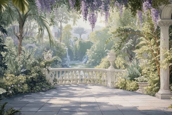 Wallpaper features: tropical garden with lush green plants, colorful flowers, and a distant waterfall. Ornate white railings. Hanging purple wisteria. Dappled sunlight and stone terrace. Palette includes greens, purples, blues, white, and light gray tones.