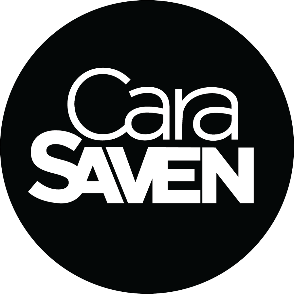 Black circular background with bold, modern white text "Cara Saven" in two lines; "Cara" above "SAVEN" in smaller size. Reflects Cara Saven designer wallpaper’s signature style using a striking black-and-white color palette and clean, minimalist elements.
