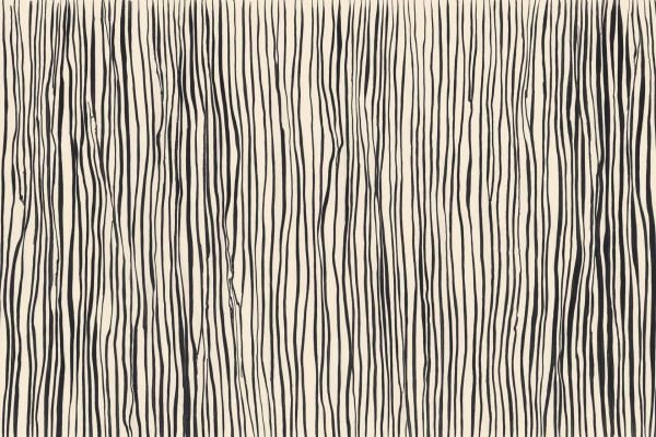 Beige wallpaper featuring vertical black lines of varying thickness and wavy spacing, forming an abstract striped pattern with organic, natural-inspired elements.