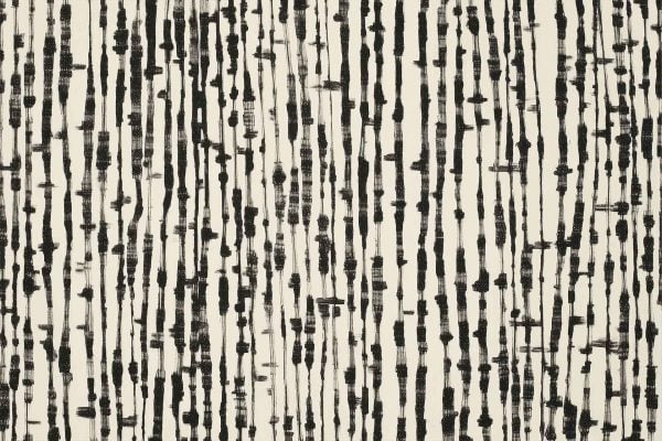 Black vertical lines with varied thickness and texture on an off-white wallpaper background, featuring bold brushstroke patterns and organic, energetic strokes. Main elements: black lines, off-white base, rough brush effect.
