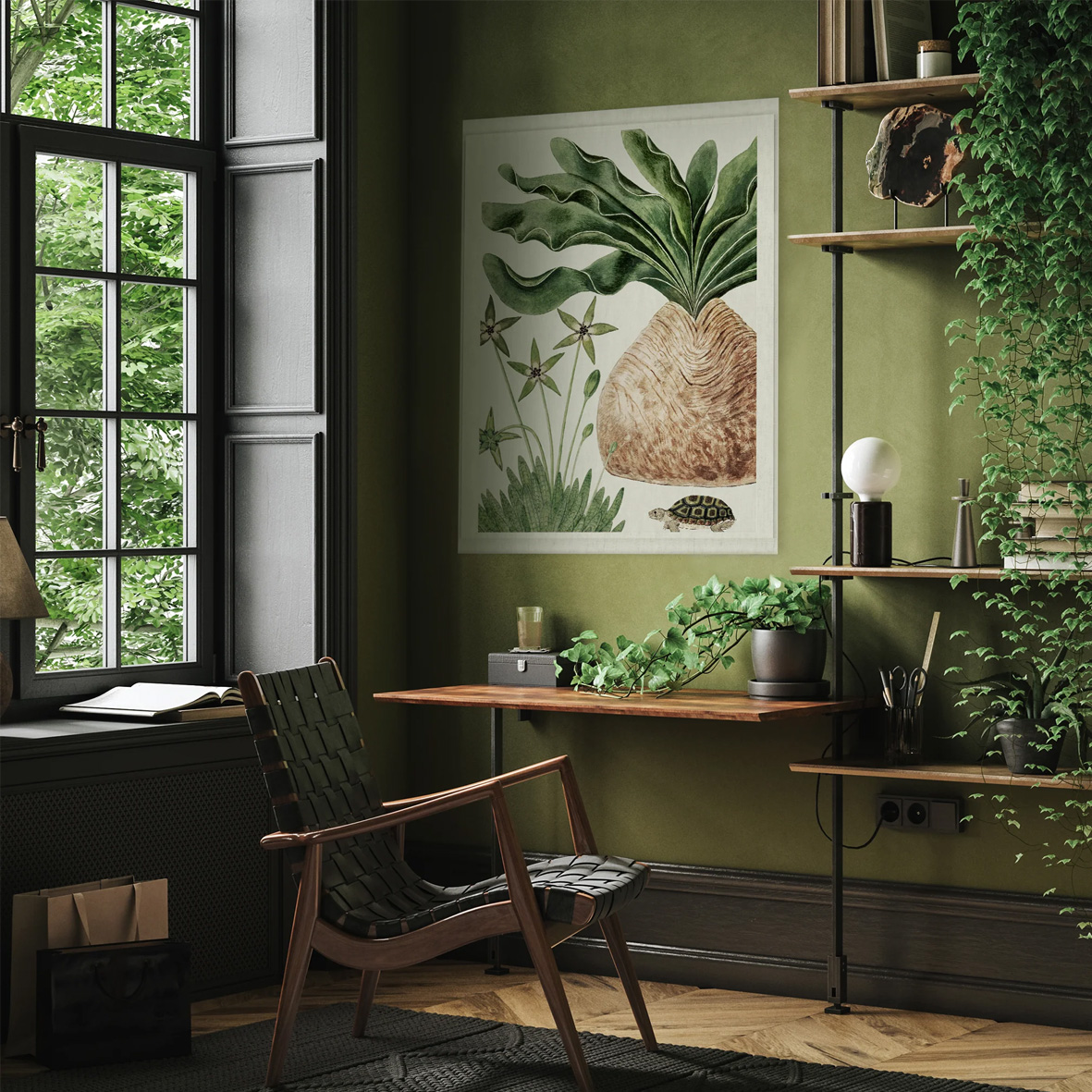 Green Cara Saven customised wallpaper featuring lush botanical patterns, overlapping leafy motifs, and subtle watercolor textures. Shades of emerald, soft sage, olive greens, and hints of ivory create a vibrant yet calming backdrop inspired by nature.