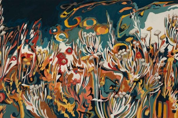 Wallpaper featuring abstract wildflowers, especially Yellow Helichrysum, with swirling patterns in orange, yellow, blue, and white; vibrant colors and dynamic lines add energy to the wallpaper design.