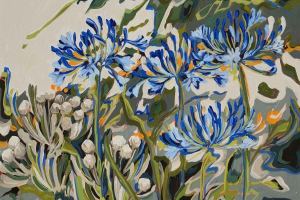 Wallpaper features abstract, muted background shapes with bold blue and white flowers, green leaves and stems, and pops of vibrant yellow Helichrysum. Expressive brushstrokes add texture to the floral design.