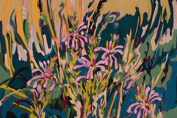 Abstract wallpaper with swirling pink flowers, green foliage, and bold brushstrokes. Features contrasting teal, yellow, and orange colors throughout the background.