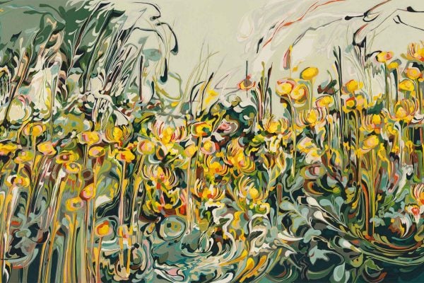 Wallpaper featuring swirling brushstrokes in vibrant yellows and lush greens, evoking a field of flowers and Fynbos. Dynamic, abstract textures create movement across the colorful surface. Part of the Unspoken series.