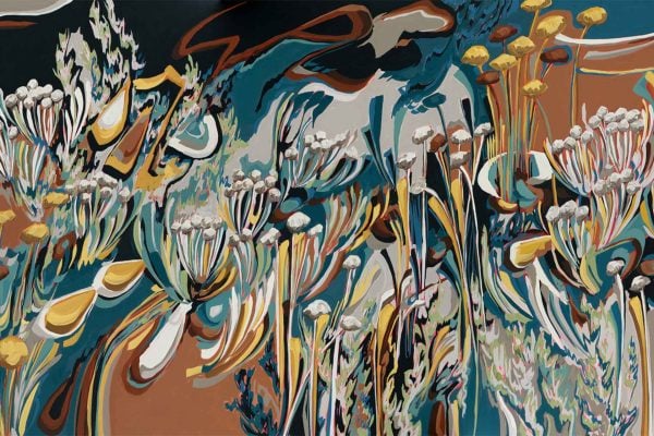 Wallpaper featuring abstract wildflower and grass patterns in earthy brown, blue, green, and yellow tones. Swirling, layered brushstrokes add dynamic movement and depth to the design, evoking natural Fynbos elements in a contemporary style.