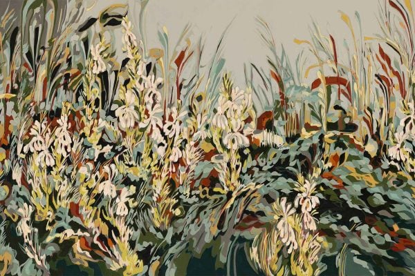 Wallpaper with abstract tall grasses and clusters of white Erica flowers in green, brown, and yellow tones; fluid impressionistic brushstrokes evoke Fynbos wildness against a light gray background. Features organic shapes, nature-inspired elements, and soft color gradients.