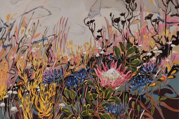 Vibrant wallpaper with an abstract wild garden pattern, showcasing pink King Protea, yellow Chinkerinchee, blue flowers, and swirling green foliage on a cloudy gray background. Expressive brushstrokes and bold colors create a lively botanical design.