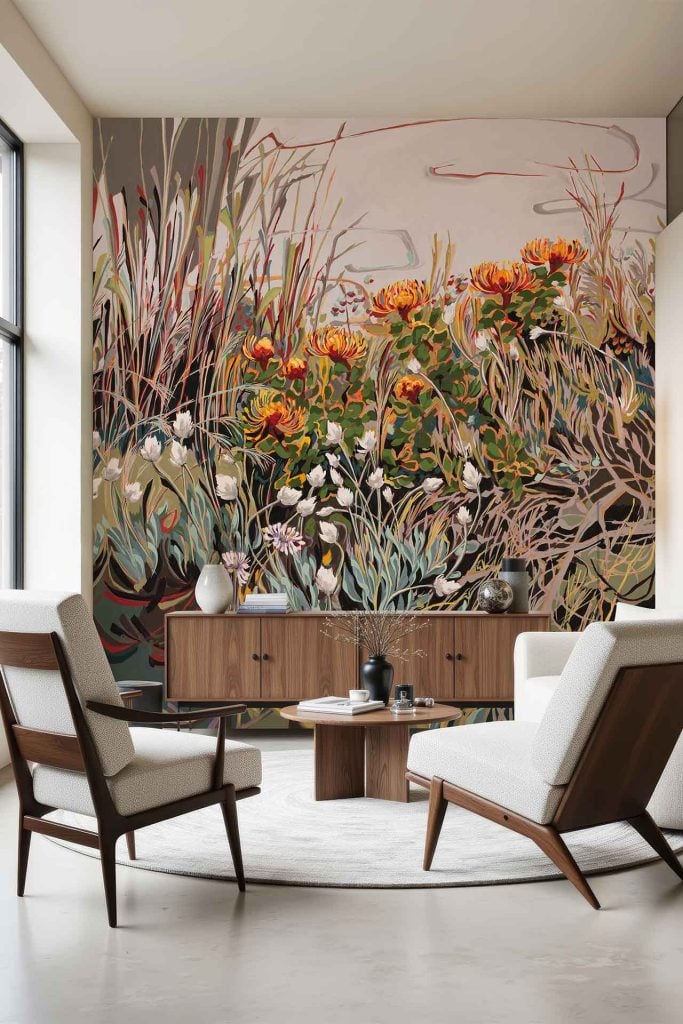 Vibrant botanical wallpaper featuring wildflowers such as Everlastings, with lush green foliage and colorful floral elements; striking mix of greens, yellows, pinks, and whites covering the wall.