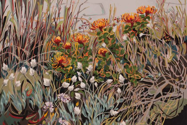 Abstract, muted wallpaper features textured brushstrokes with shades of orange, yellow, and white in floral patterns. Green leaves and tall grasses are highlighted against a soft background, creating a lively yet understated botanical design ideal for search terms like "wildflower," "Protea Nitida," and "nature wallpaper.