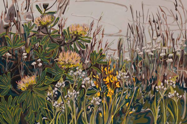 Floral wallpaper with Everlastings, green foliage, and wildflowers featuring yellow, white, and pink blossoms. Tall grass patterns on a muted background create a lively, textured botanical look.