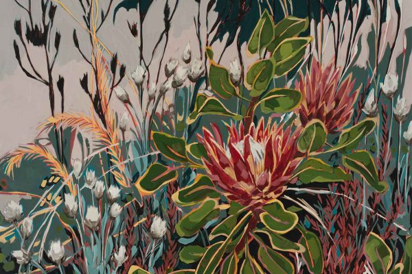 Wallpaper featuring vibrant Everlastings, green leaves, red and pink blossoms, and white buds on a muted background with abstract foliage patterns; botanical motifs in bold colors stand out against soft, textured wallpaper design.