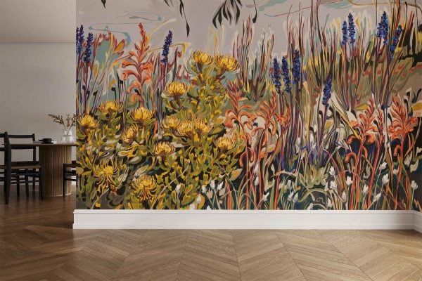Wall mural wallpaper features vibrant wildflowers, including Pincushion and Watsonia blooms in vivid pinks, oranges, and reds among tall green grasses.