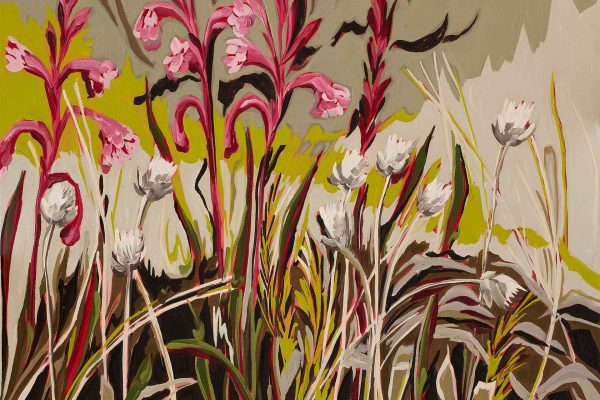 Wallpaper with a muted gray, yellow, and green background featuring patterns of tall pink and white wildflower blossoms, green and brown leaves, and touches of Yellow Helichrysum.