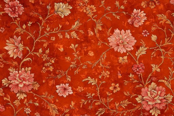 Wallpaper featuring a pattern of pink, orange, and cream flowers with greenish-gold stems and leaves on a textured, deep red background. Vintage style floral wallpaper with rich colors and classic elegant details.