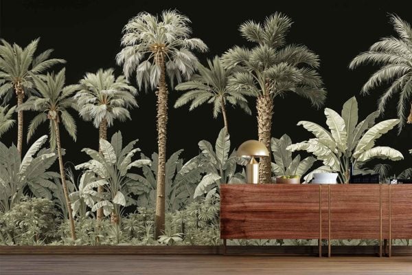 Wallpaper with tall palm trees and lush tropical plants set against a dark background. Features green leaves, brown trunks, and various botanical details, creating a vibrant tropical jungle scene.