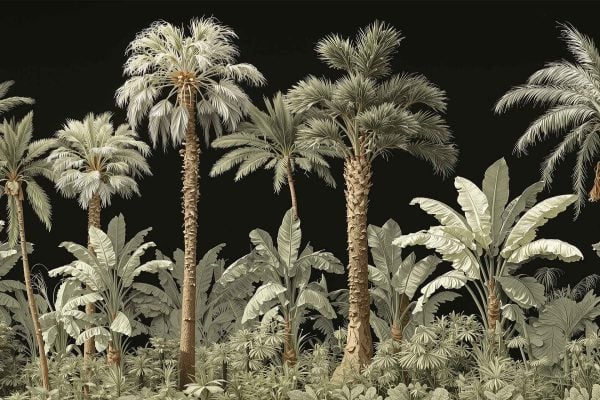 Wallpaper with tall palm trees and lush tropical plants featuring intricate leaf details, all set against a solid black background. Elements include large green leaves, towering palms, and rich tropical foliage for a dramatic, stylized wallpaper look.