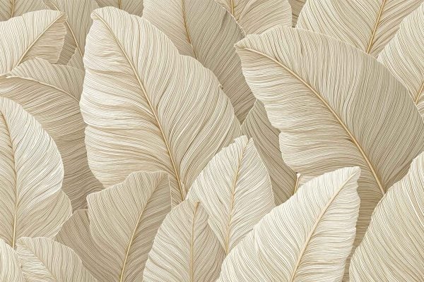 Wallpaper with large, overlapping beige leaves featuring fine line details; textured natural look with closely packed foliage. Colors: beige, cream, off-white. Elements: botanical leaf pattern, organic style.