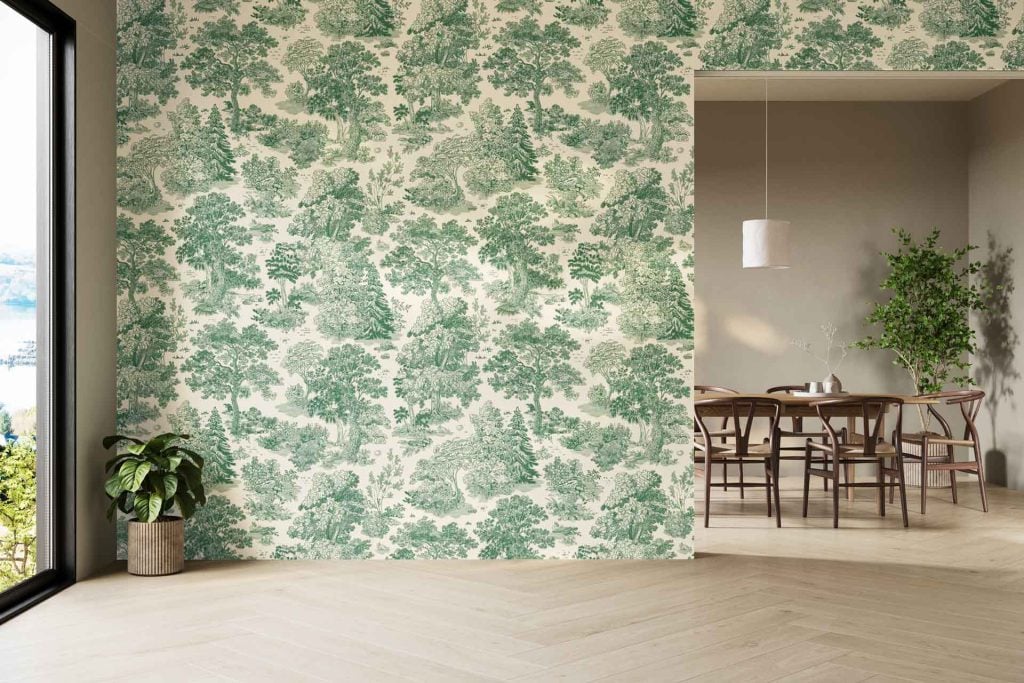 Green and white tree-patterned wallpaper featuring leafy designs and vertical shapes; decorative, botanical elements in crisp green on a white background.