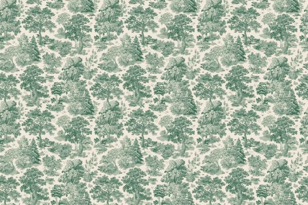 Vintage wallpaper with green trees, bushes, and natural scenery, featuring blue accents on a cream background. Pattern highlights botanical elements and classic toile design.