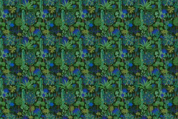 Tropical jungle wallpaper featuring dense green and blue leaves, trees, and plants; vibrant, lush foliage with floating elements for a dreamy, repetitive pattern. Botanical motifs in shades of green and blue dominate this seamless wallpaper design.