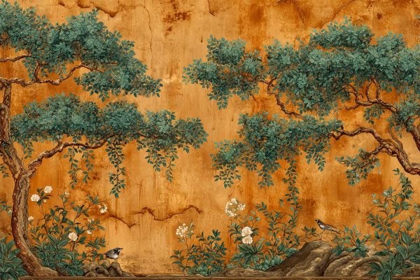 Wallpaper with textured golden-brown background featuring leafy trees, blooming flowers, and small birds on rocks; Asian-style design with intricate botanical and nature motifs in earthy tones.