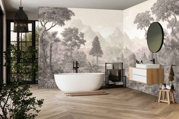 Vintage-inspired wall mural wallpaper featuring trees and mountains in neutral tones, with soft beige, taupe, and gray hues. The wallpaper design adds a serene natural landscape scene to the space.