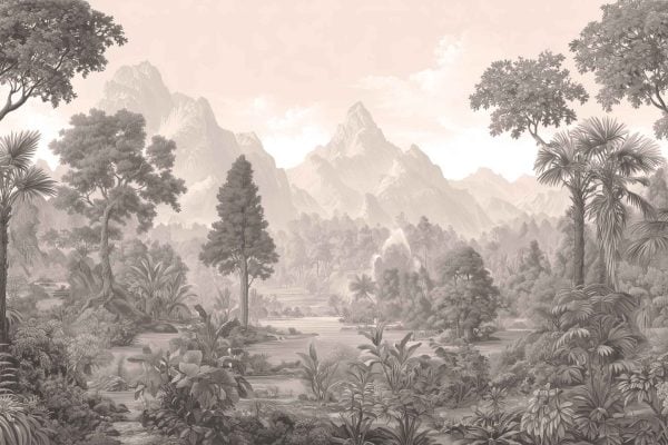 Sepia wallpaper with detailed tropical foliage, tall trees, and distant mountains set beneath a partly cloudy sky. The design features lush greenery and vintage tones, creating a serene wilderness atmosphere perfect for search terms like "sepia tropical landscape wallpaper.