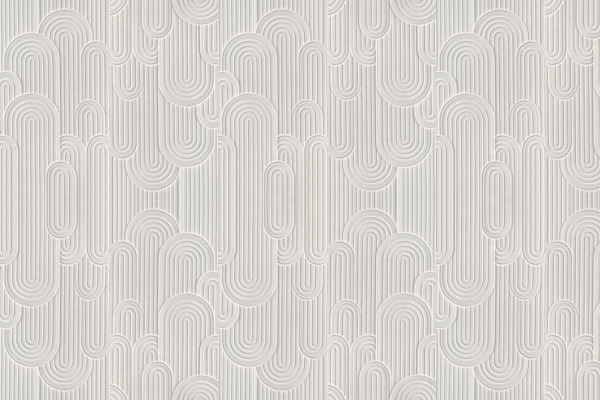 Light gray and white wallpaper with embossed curved and straight lines forming arches and loops; modern geometric design with overlapping patterns, textured surface, gentle Meadowlands-inspired contours.