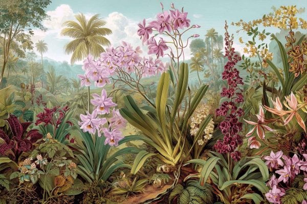 Tropical wallpaper featuring vibrant orchids, lush green foliage, and tall palm trees set against a vivid blue sky. Botanical elements and rich colors create a detailed, colorful design ideal for tropical or floral-themed decor.