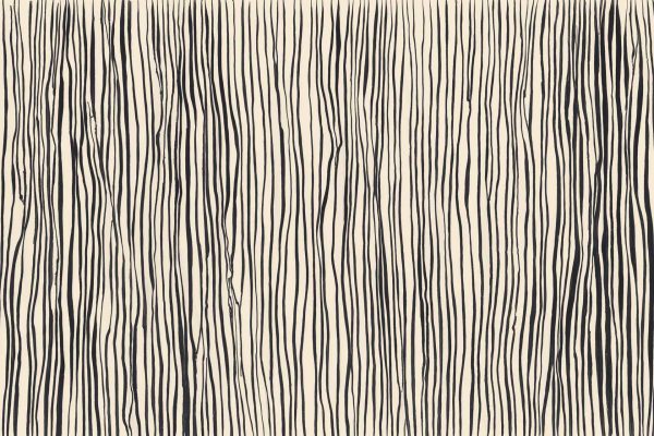 Abstract wallpaper featuring irregular black vertical lines with wavy, ink-like patterns on a beige background; design resembles elongated tree bark. Colors: black, beige. Elements: abstract lines, organic waves, modern décor.
