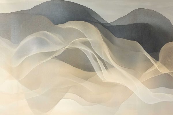 Wallpaper with soft, wavy layers in beige, cream, and gray. Overlapping shapes create a look of translucent fabric or distant mountains, forming a calm and muted pattern. Ideal for neutral and modern decor themes.