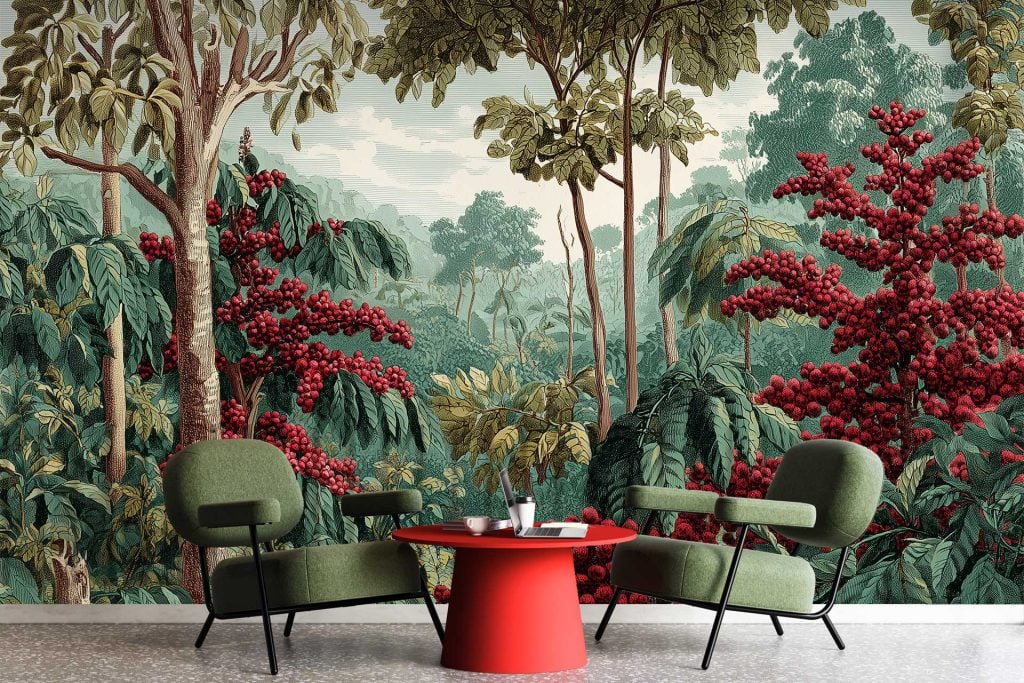 Wall mural features a lush tropical forest scene with tall green trees, dense foliage, and bushes full of bright red berries.