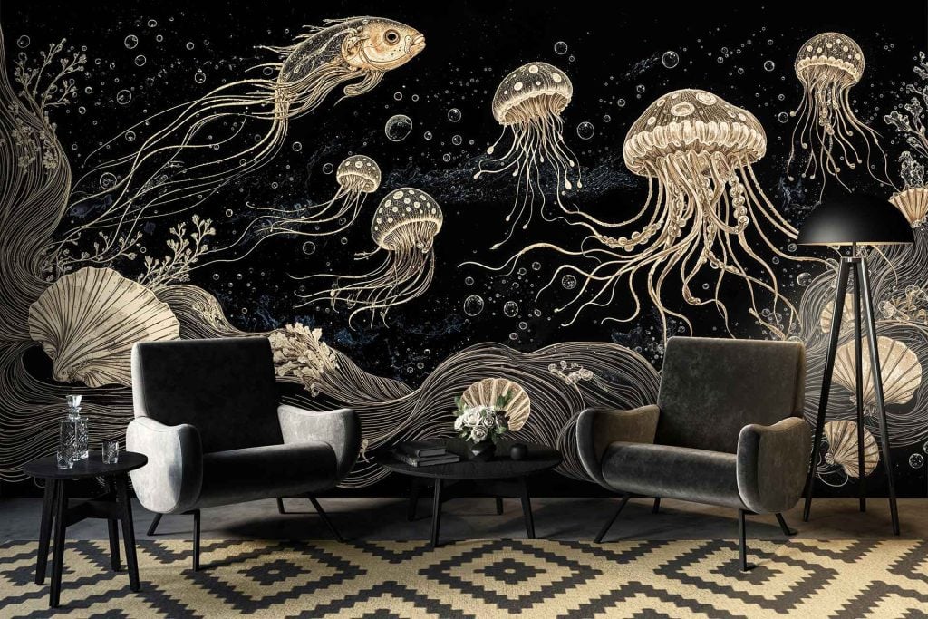 Elegant wall mural featuring gold-toned jellyfish, a fish, flowing aquatic plants, and bubbles against a black background.